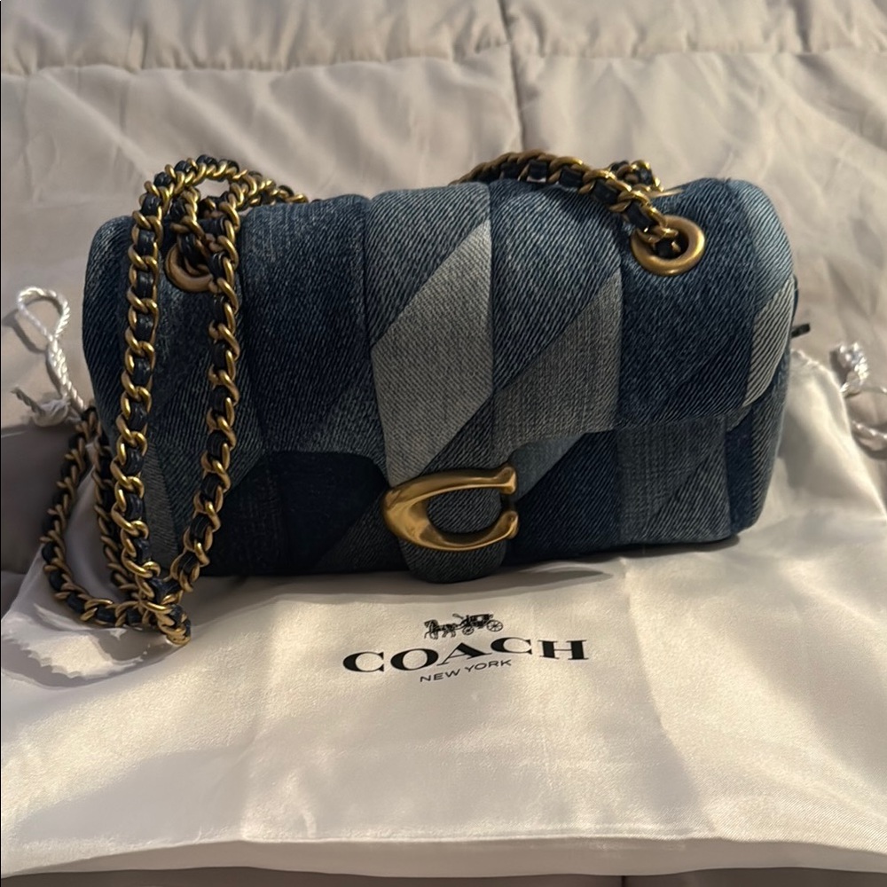 Coach Denim Patchwork Shoulder Bag with Gold Chain